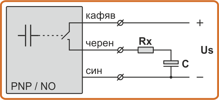 Електрическа схема на свързване на капацитивен датчик тип PNP/NO със защита от късо